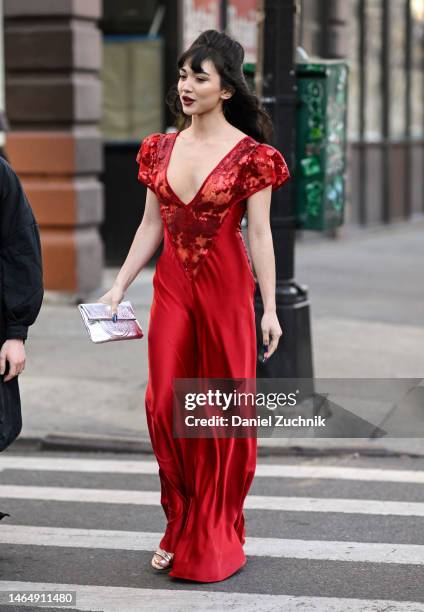 Rowan Blanchard is seen wearing a red Rodarte dress outside the Rodarte show during New York Fashion Week F/W 2023 on February 10, 2023 in New York...