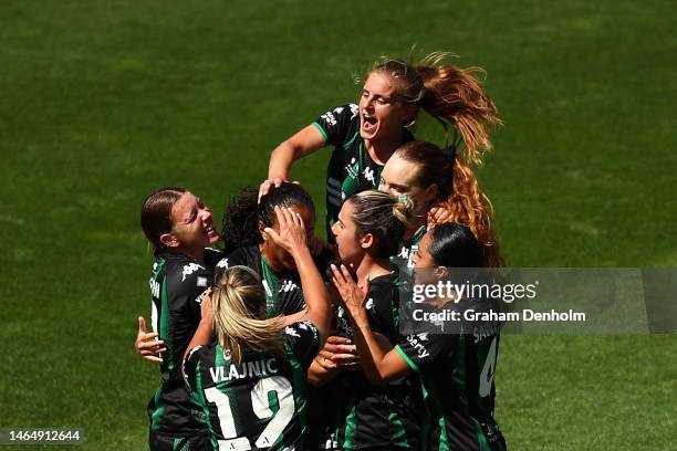 Western United celebrate a goal by Sydney Cummings during the round 14 A-League Women's match between Western United and Melbourne City at AAMI Park...