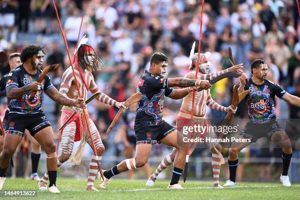 Latrell Mitchell of the Indigenous All Stars performs an Indigenous war dance ahead of the 2023 NRL All Stars match between Indigenous All Stars and...