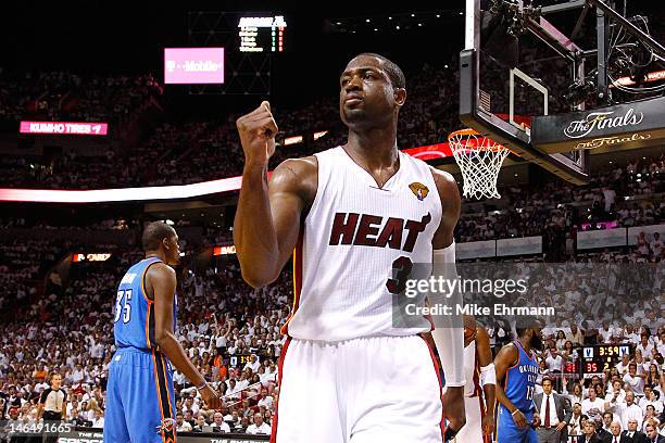 Dwyane Wade of the Miami Heat reacts in the first half against the Oklahoma City Thunder in Game Three of the 2012 NBA Finals on June 17, 2012 at...