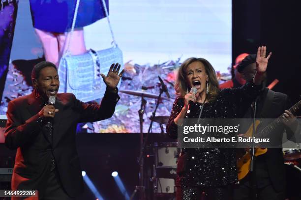 Billy Davis Jr. And Marilyn McCoo perform on stage at the 30th Annual Movieguide Awards at Avalon Hollywood & Bardot on February 10, 2023 in Los...