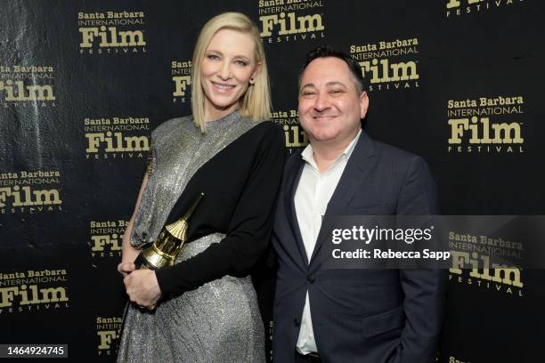 Honoree Cate Blanchett and Scott Feinberg pose with the Outstanding Performer of the Year Award during the 38th Annual Santa Barbara International...