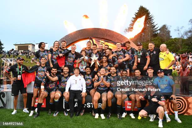 Indigenous All Stars players and support staff celebrate victory during the 2023 NRL All Stars match between Indigenous All Stars and Maori All Stars...