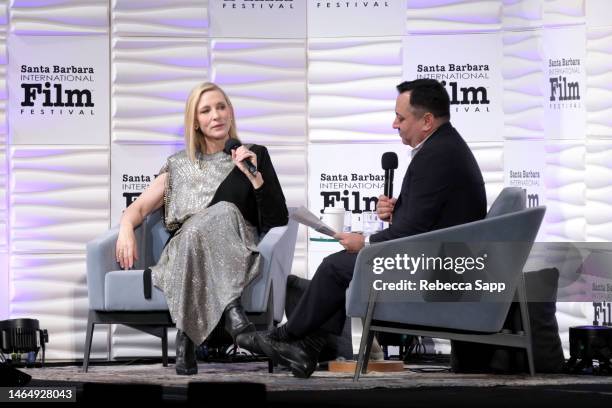Honoree Cate Blanchett and Scott Feinberg speak onstage at the Outstanding Performer of the Year Award Ceremony during the 38th Annual Santa Barbara...