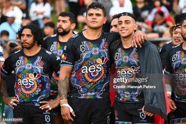 Latrell Mitchell and Tyrell Sloan of the Indigenous All Stars celebrate victory after the 2023 NRL All Stars match between Indigenous All Stars and...