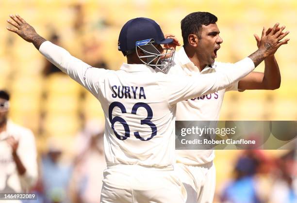 Ravichandran Ashwin of India celebrates taking the wicket of Matthew Renshaw of Australia during day three of the First Test match in the series...