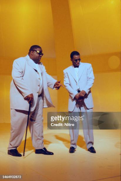 American rapper Notorious BIG and Sean Combs on the set for the former's 'Hypnotize' music video, Los Angeles California, February 1997.