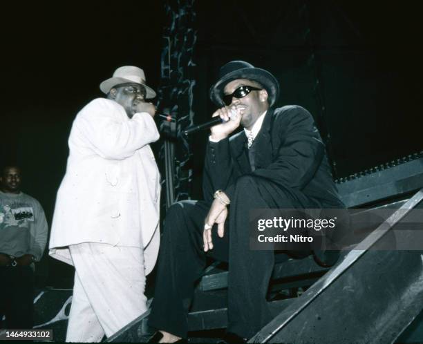 American rappers Notorious BIG and Sean Combs perform onstage, Anaheim California, circa 1994.