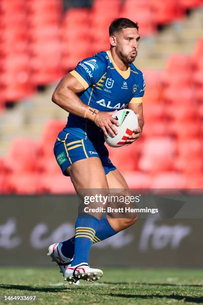 Ryan Matterson of the Eels is tackled during the NRL Trial Match between the Penrith Panthers and the Parramatta Eels at BlueBet Stadium on February...