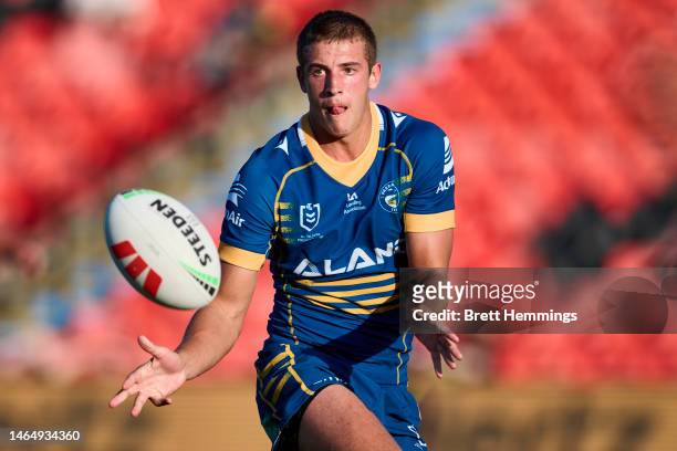Jake Arthur of the Eels passes the ball during the NRL Trial Match between the Penrith Panthers and the Parramatta Eels at BlueBet Stadium on...