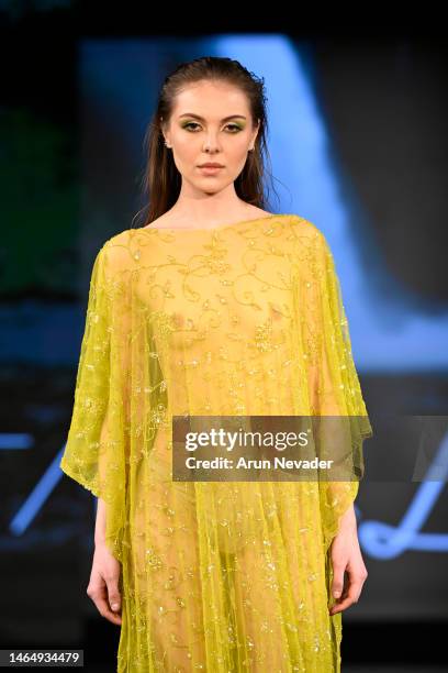 Payton George walks the runway wearing Talia Leigh during New York Fashion Week Powered by Art Hearts Fashion at The Angel Orensanz Foundation on...