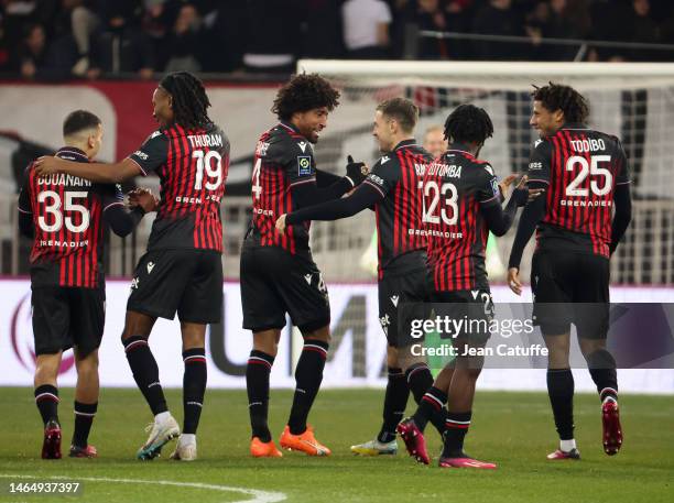 Bonfim Dante of Nice celebrates his goal with Aaron Ramsey and teammates during the Ligue 1 match between OGC Nice and AC Ajaccio at Allianz Riviera...