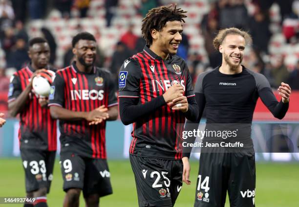 Jean-Clair Todibo, Billal Brahimi of Nice celebrate the victory following the Ligue 1 match between OGC Nice and AC Ajaccio at Allianz Riviera on...