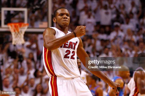 James Jones of the Miami Heat reacts after he made a 3-point basket in the second half against the Oklahoma City Thunder in Game Three of the 2012...