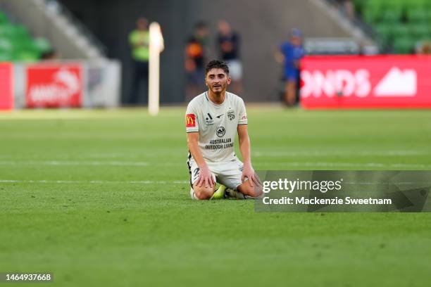 Joshua Cavallo of Adelaide United celebrates winning during the round 16 A-League Men's match between Western United and Adelaide United at AAMI...