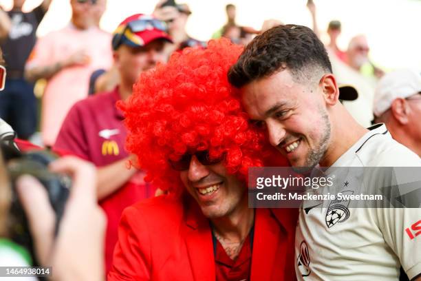 Zach Clough Adelaide United celebrates with fans during the round 16 A-League Men's match between Western United and Adelaide United at AAMI Park, on...