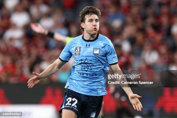 Max Burgess of Sydney Fo reacts after scoring a goal during the round 16 A-League Men's match between Western Sydney Wanderers and Sydney FC at...