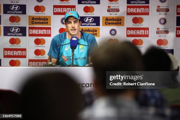 Pat Cummins of Australia speaks to the media after day three of the First Test match in the series between India and Australia at Vidarbha Cricket...