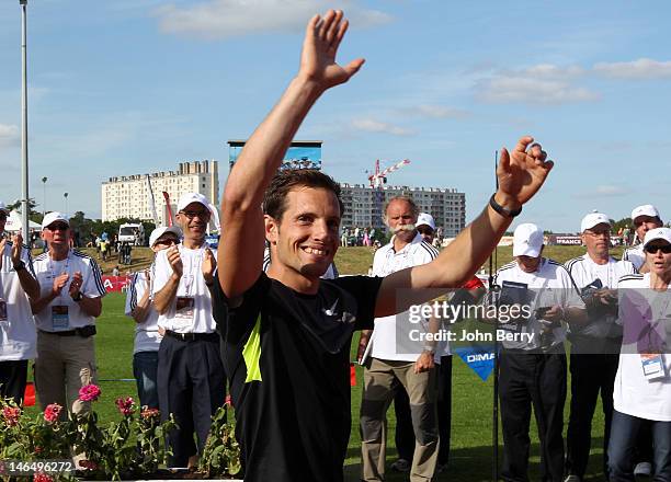 Renaud Lavillenie of France wins the pole vault event during the 2012 French Elite Athletics Championships at the Stade du Lac de Maine on June 17,...