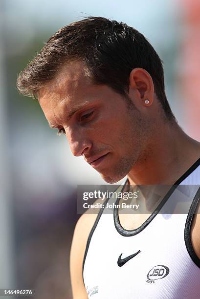 Renaud Lavillenie of France wins the pole vault event during the 2012 French Elite Athletics Championships at the Stade du Lac de Maine on June 17,...