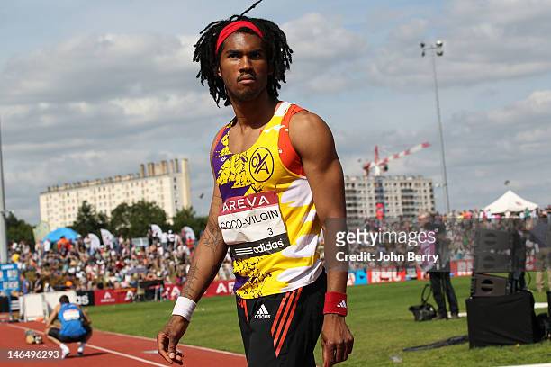 Samuel Coco-Viloin finishes 2nd in the 110m hurdles final during the 2012 French Elite Athletics Championships at the Stade du Lac de Maine on June...