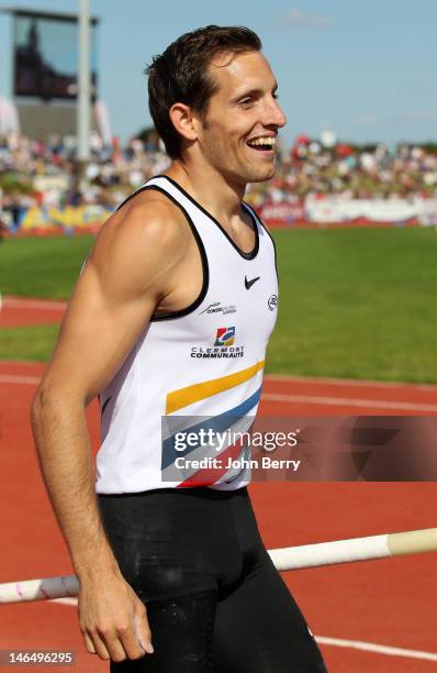 Renaud Lavillenie of France wins the pole vault event during the 2012 French Elite Athletics Championships at the Stade du Lac de Maine on June 17,...