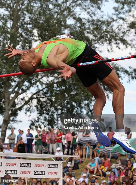 Fabrice Saint-Jean of France finishes 2nd in the high jump final during the 2012 French Elite Athletics Championships at the Stade du Lac de Maine on...