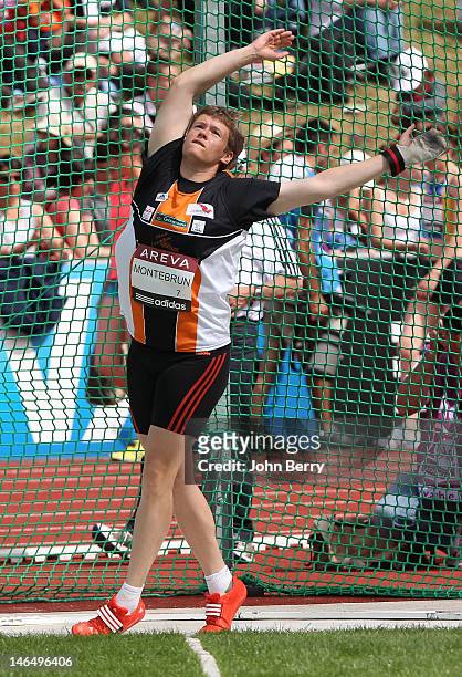 Manuela Montebrun of France competes in the hammer throw final during the 2012 French Elite Athletics Championships at the Stade du Lac de Maine on...