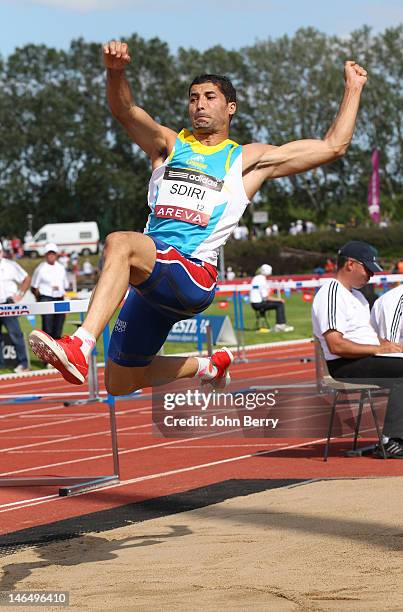 Salim Sdiri of France competes in the long jump final during the 2012 French Elite Athletics Championships at the Stade du Lac de Maine on June 17,...