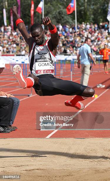 Kafetien Gomis of France competes in the long jump final during the 2012 French Elite Athletics Championships at the Stade du Lac de Maine on June...