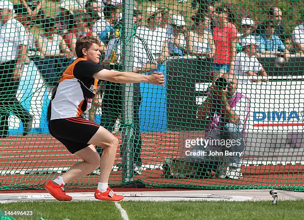 Manuela Montebrun of France competes in the hammer throw final during the 2012 French Elite Athletics Championships at the Stade du Lac de Maine on...