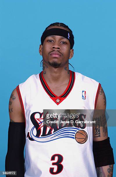 Allen Iverson of the Philadelphia 76ers poses for a portrait during the 76ers Media Day on September 30, 2002 at First Union Center in Philadelphia,...