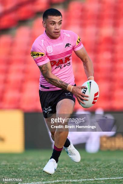 Trent Toelau of the Panthers runs the ball during the NRL Trial Match between the Penrith Panthers and the Parramatta Eels at BlueBet Stadium on...