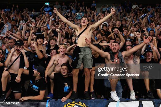 Sydney FC fans celebrate after winning the round 16 A-League Men's match between Western Sydney Wanderers and Sydney FC at CommBank Stadium, on...