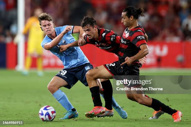 Jake Girdwood-Reich of Sydney competes with the Sydney defence during the round 16 A-League Men's match between Western Sydney Wanderers and Sydney...