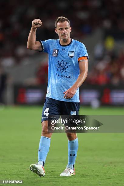 Alex Wilkinson of Sydney FC celebrates winning the round 16 A-League Men's match between Western Sydney Wanderers and Sydney FC at CommBank Stadium,...