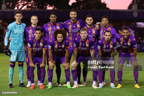 The Glory starting eleven pose before kick off during the round 16 A-League Men's match between Perth Glory and Melbourne City at Macedonia Park, on...
