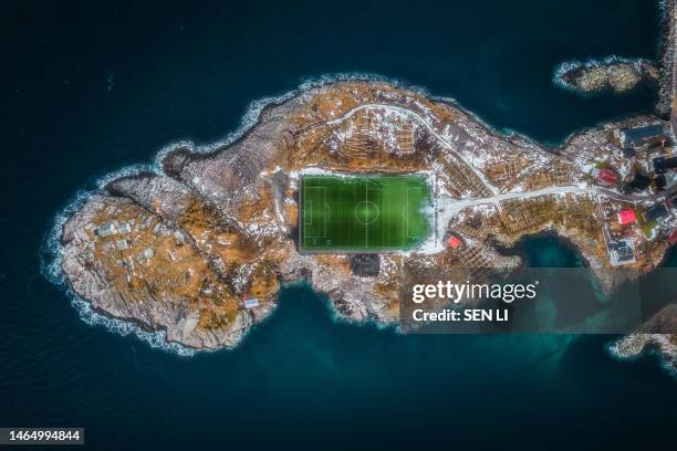 aerial view of football field on the island in winter - henningsvaer stock pictures, royalty-free photos & images