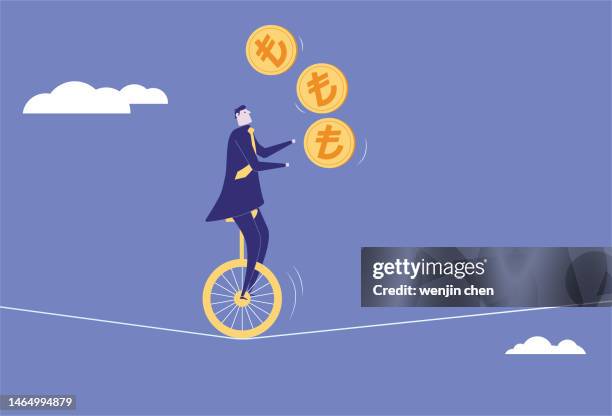 business man performing acrobatics with turkish lira on a wire rope - lire stock illustrations
