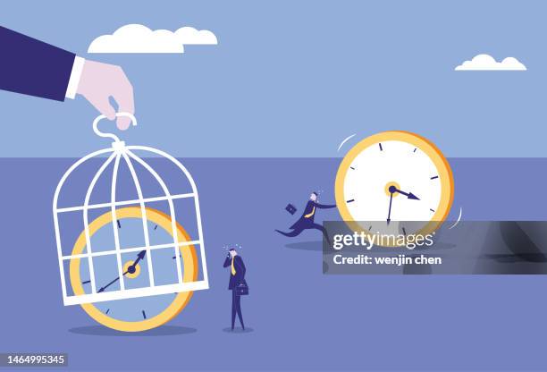 the business man is afraid that time will be imprisoned, so he pushes the time and runs away - time clock stock illustrations
