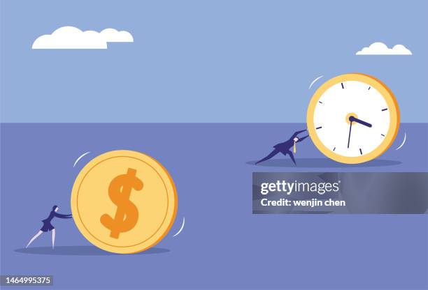 business woman pushing money and business man pushing time competition - sales effort stock illustrations