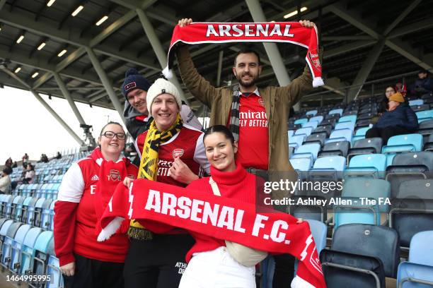 Arsenal fans show their support prior to the FA Women's Super League match between Manchester City and Arsenal at The Academy Stadium on February 11,...