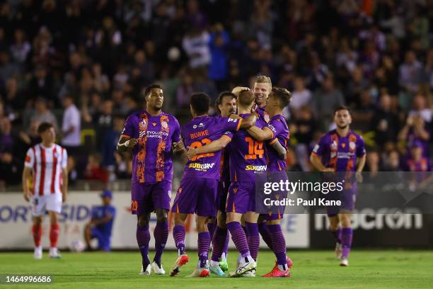 Jack Clisby of the Glory celebrates a goal during the round 16 A-League Men's match between Perth Glory and Melbourne City at Macedonia Park, on...