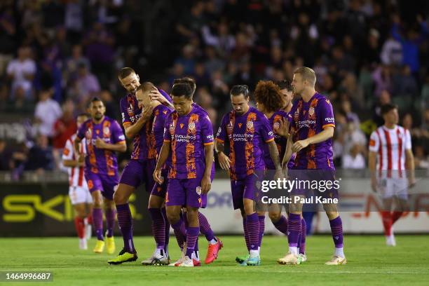 Jack Clisby of the Glory celebrates a goal during the round 16 A-League Men's match between Perth Glory and Melbourne City at Macedonia Park, on...