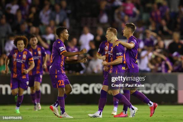 Jack Clisby of the Glory celebrates a goal during the round 16 A-League Men's match between Perth Glory and Melbourne City at Macedonia Park, on...