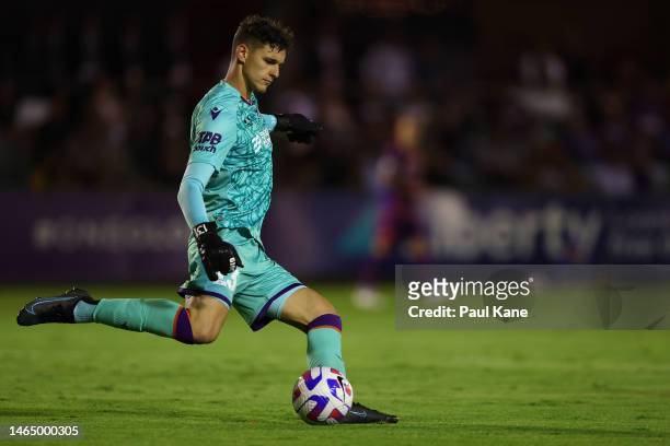 Cameron Cook of the Glory takes a goal kicduring the round 16 A-League Men's match between Perth Glory and Melbourne City at Macedonia Park, on...