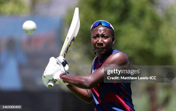 Stafanie Taylor of West Indies warms up ahead of the ICC Women's T20 World Cup group B match between West Indies and England at Boland Park on...