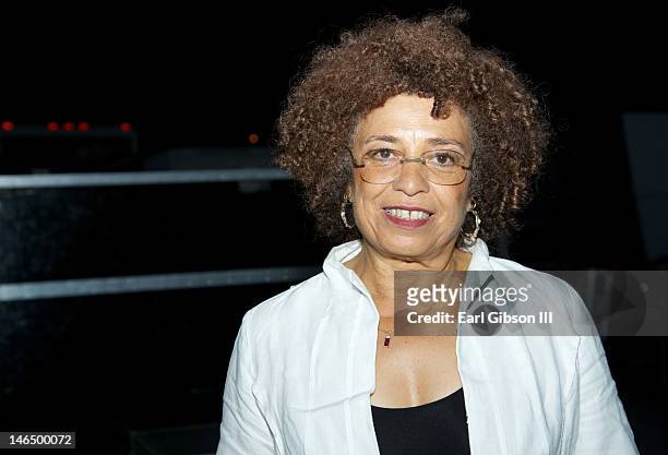 The legendary activist and poet Angela Davis poses for a photo after her performance at the second day of the 34th Anniversary of the Playboy Jazz...