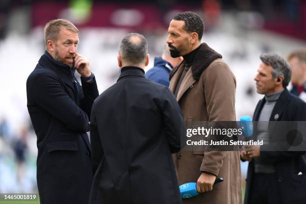 Graham Potter , Manager of Chelsea, speaks to BT Sport pundits and former professional footballers Joe Cole and Rio Ferdinand prior to the Premier...