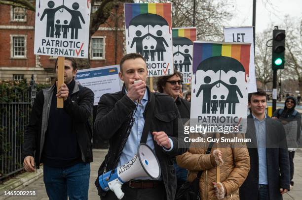 Members of the right wing Patriotic Alternative group are surrounded and confronted by counter protestors at Tate Britain on February 11, 2023 in...